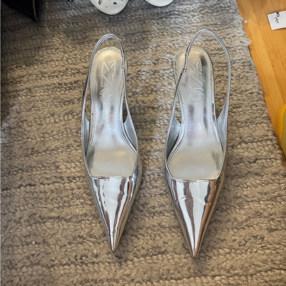 Mango Metallic Silver Slingback Heels